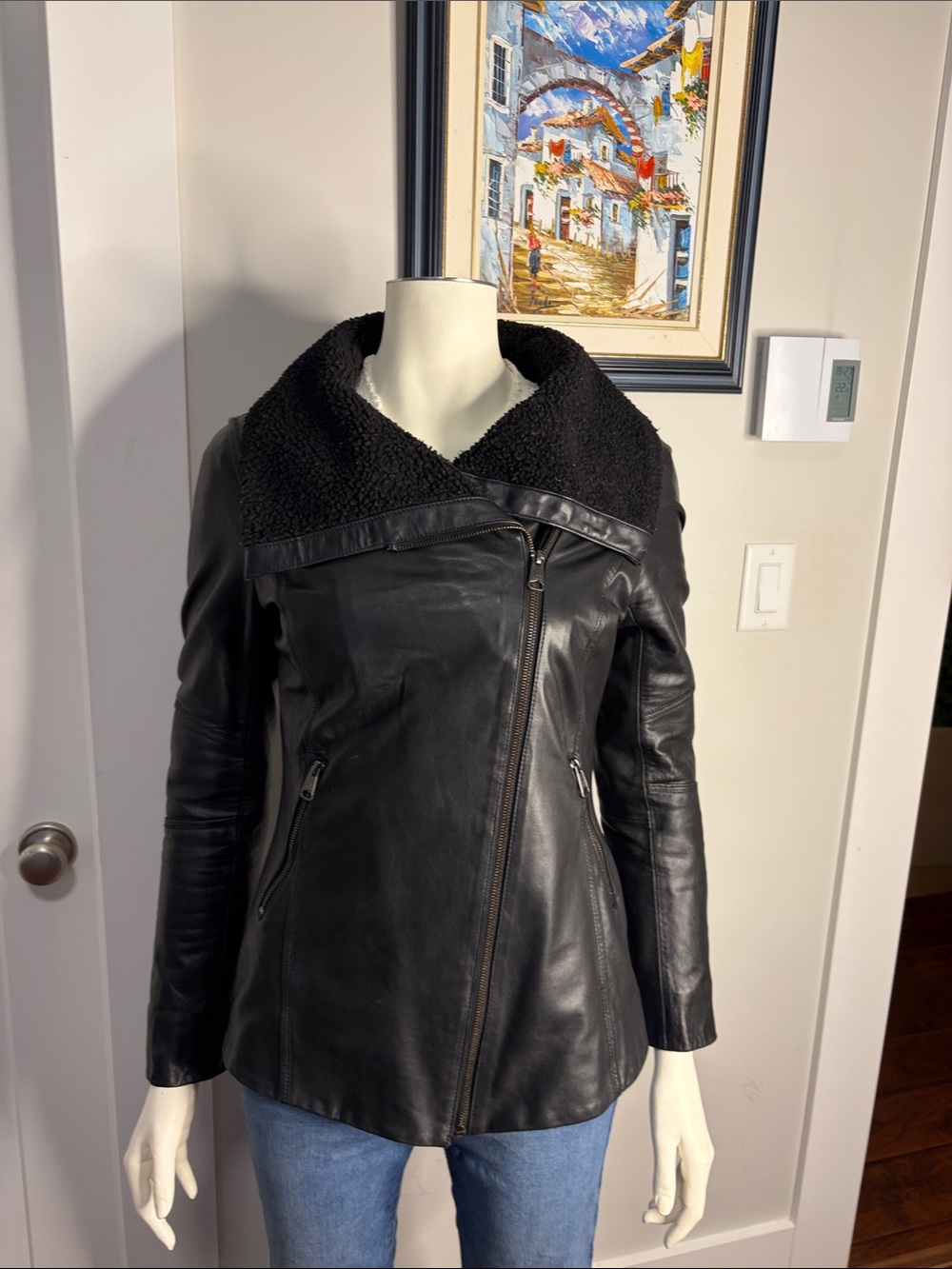 Soia & Kyo genuine Black Leather Jacket with Faux-Shearling Collar